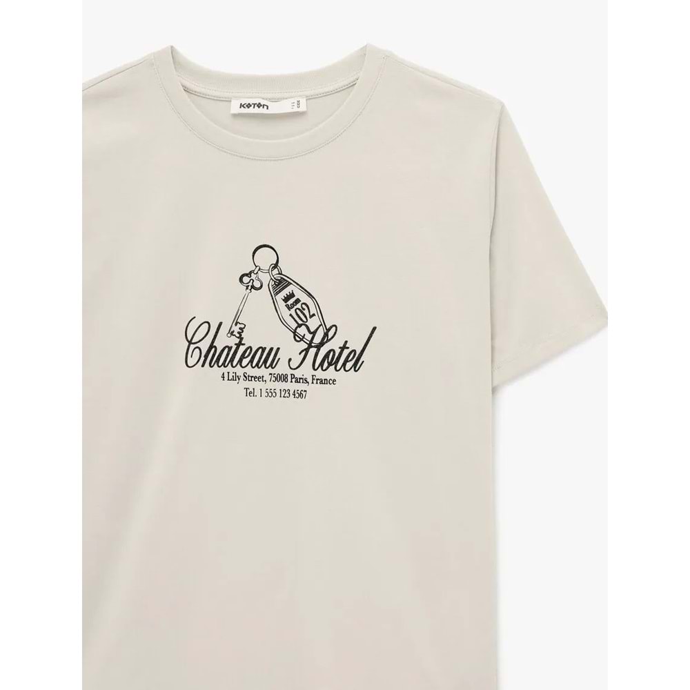 Kadın Giyim Pamuklu Kısa Kollu Bisiklet Yaka Baskılı Tişört - KOTON - 6SAK50052EK - BEJ - S
