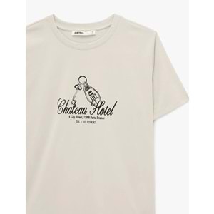 Kadın Giyim Pamuklu Kısa Kollu Bisiklet Yaka Baskılı Tişört - KOTON - 6SAK50052EK - BEJ - S