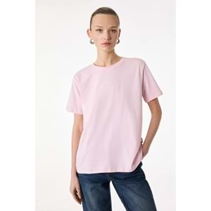 Kadın Giyim Pamuklu Bisiklet Yaka İşleme Detaylı Kısa Kollu Tişört - KOTON - 6SAK50057EK - PEMBE - S