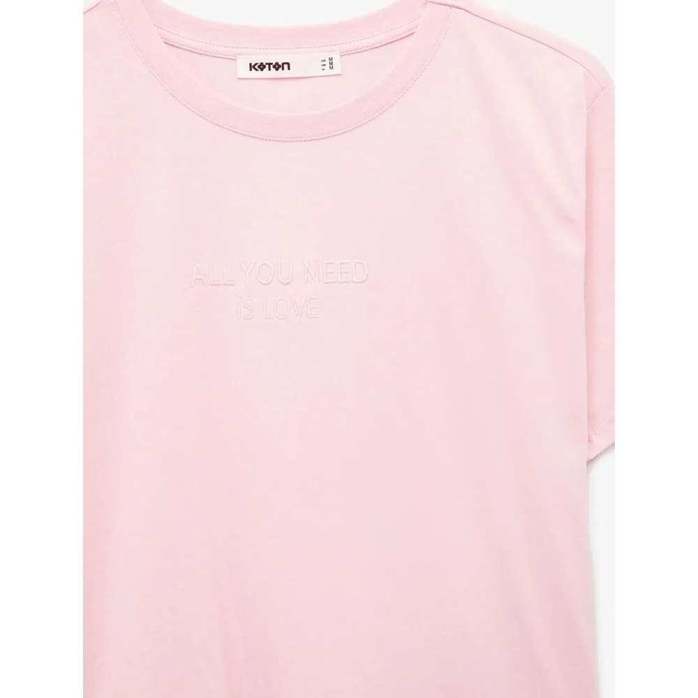 Kadın Giyim Pamuklu Bisiklet Yaka İşleme Detaylı Kısa Kollu Tişört - KOTON - 6SAK50057EK - PEMBE - S