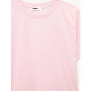 Kadın Giyim Pamuklu Bisiklet Yaka İşleme Detaylı Kısa Kollu Tişört - KOTON - 6SAK50057EK - PEMBE - S