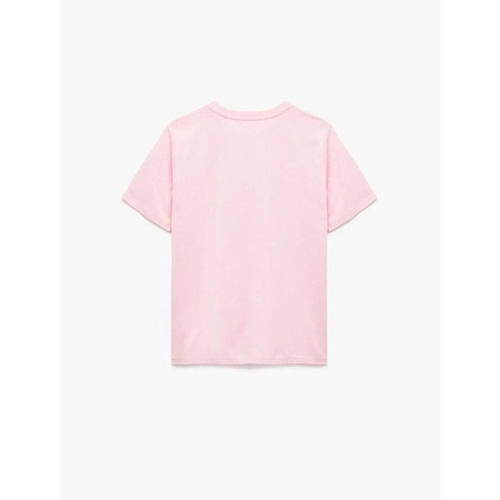 Kadın Giyim Pamuklu Bisiklet Yaka İşleme Detaylı Kısa Kollu Tişört - KOTON - 6SAK50057EK - PEMBE - S