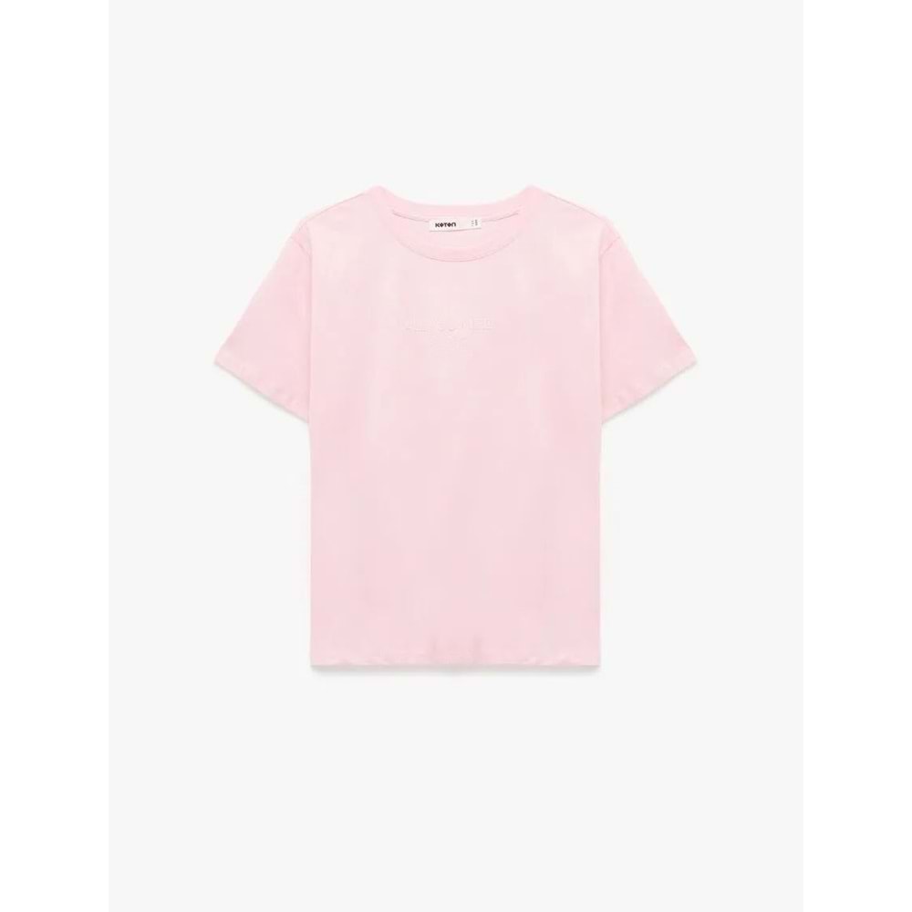 Kadın Giyim Pamuklu Bisiklet Yaka İşleme Detaylı Kısa Kollu Tişört - KOTON - 6SAK50057EK - PEMBE - S