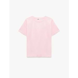 Kadın Giyim Pamuklu Bisiklet Yaka İşleme Detaylı Kısa Kollu Tişört - KOTON - 6SAK50057EK - PEMBE - S