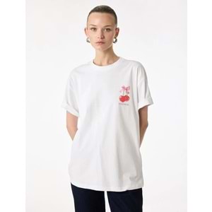 Kadın Giyim Pamuklu Kısa Kollu Bisiklet Yaka Arkası Kiraz Baskılı Tişört - KOTON - 6SAK50060EK - BEYAZ - XL
