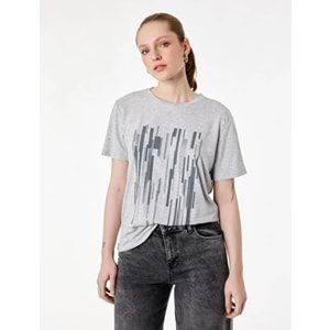 Kadın Giyim Kısa Kollu Bisiklet Yaka Baskılı Tişört - KOTON - 6SAK50126EK - GRİ MELANJ - S