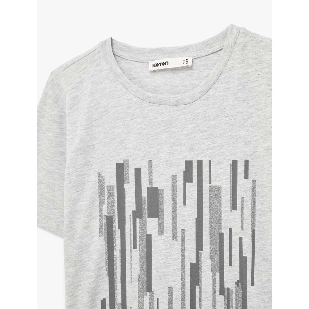 Kadın Giyim Kısa Kollu Bisiklet Yaka Baskılı Tişört - KOTON - 6SAK50126EK - GRİ MELANJ - S