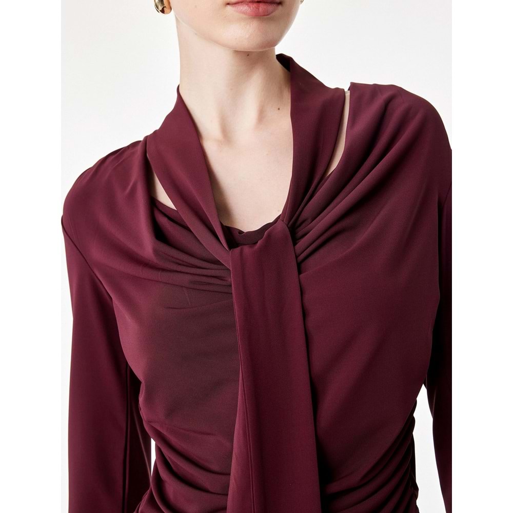 Slim Fit Uzun Kollu Şal Detaylı Drapeli Degaje Yaka Bluz 7WAK10009PK - KOTON - BORDO - S