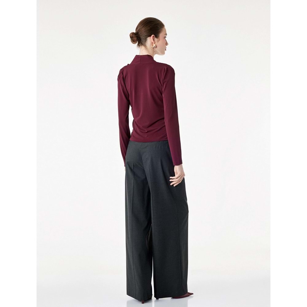 Slim Fit Uzun Kollu Şal Detaylı Drapeli Degaje Yaka Bluz 7WAK10009PK - KOTON - BORDO - S