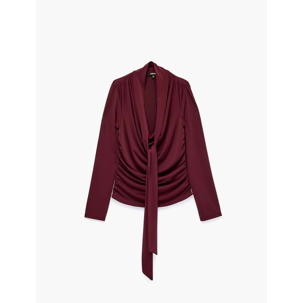 Slim Fit Uzun Kollu Şal Detaylı Drapeli Degaje Yaka Bluz 7WAK10009PK - KOTON - BORDO - S