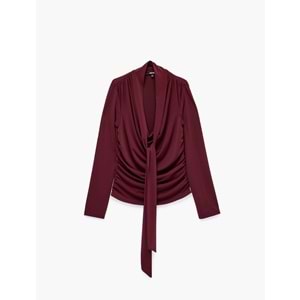 Slim Fit Uzun Kollu Şal Detaylı Drapeli Degaje Yaka Bluz 7WAK10009PK - KOTON - BORDO - S