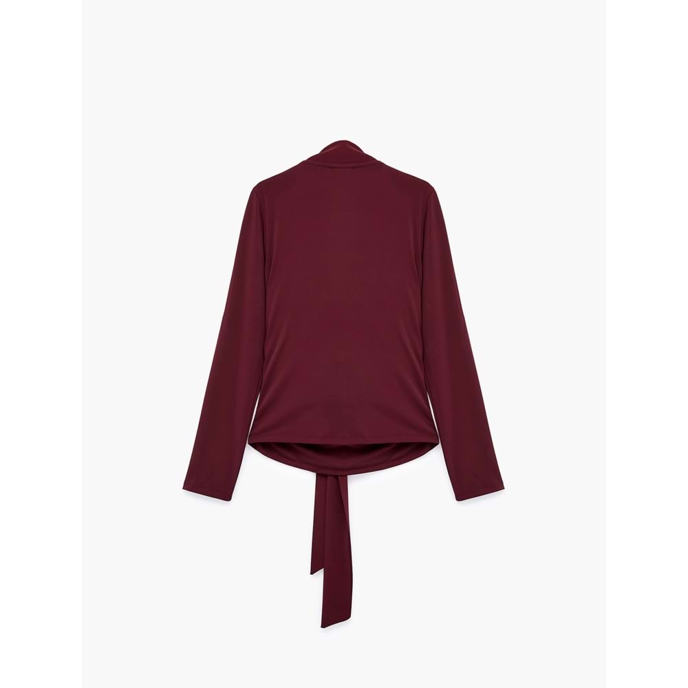 Slim Fit Uzun Kollu Şal Detaylı Drapeli Degaje Yaka Bluz 7WAK10009PK - KOTON - BORDO - S