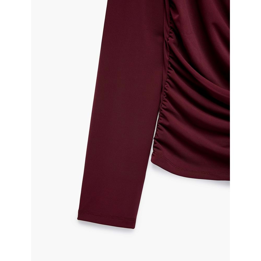 Slim Fit Uzun Kollu Şal Detaylı Drapeli Degaje Yaka Bluz 7WAK10009PK - KOTON - BORDO - S