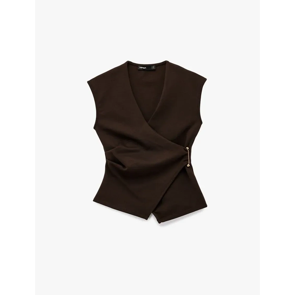 Slim Fit Metal Aksesuarlı V Yaka Kruvaze Yelek 7WAK30014EK - KOTON - KAHVERENGİ - L