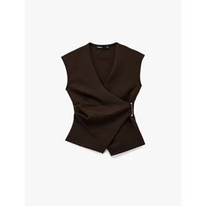 Slim Fit Metal Aksesuarlı V Yaka Kruvaze Yelek 7WAK30014EK - KOTON - KAHVERENGİ - L