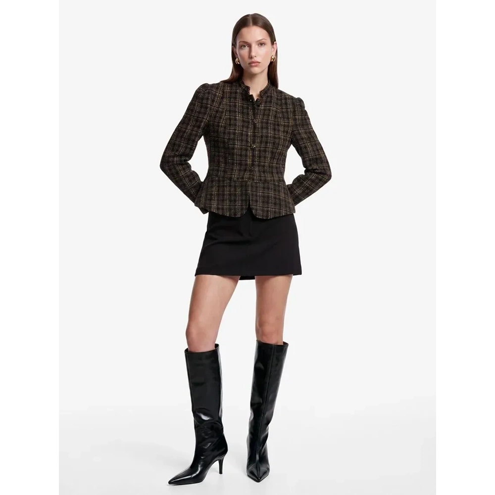 Dik Yaka Tüvit Peplum Ekose Ceket 7WAK50062UW - KOTON - KAHVERENGİ EKOSE - 34