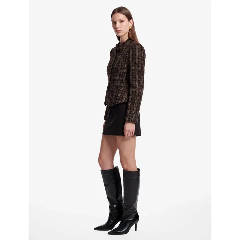 Dik Yaka Tüvit Peplum Ekose Ceket 7WAK50062UW - KOTON - KAHVERENGİ EKOSE - 34