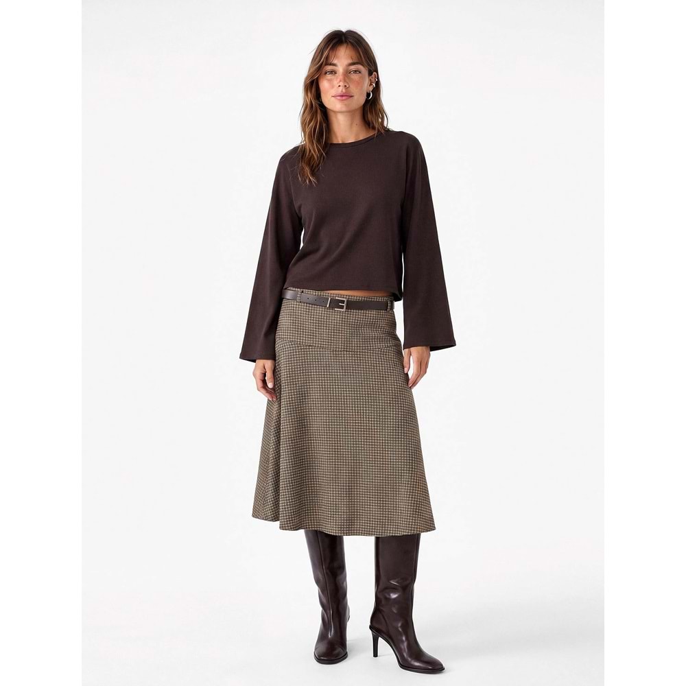 Bisiklet Yaka Oversize Tişört 7WAK50092EK - KOTON - KAHVERENGİ - XS