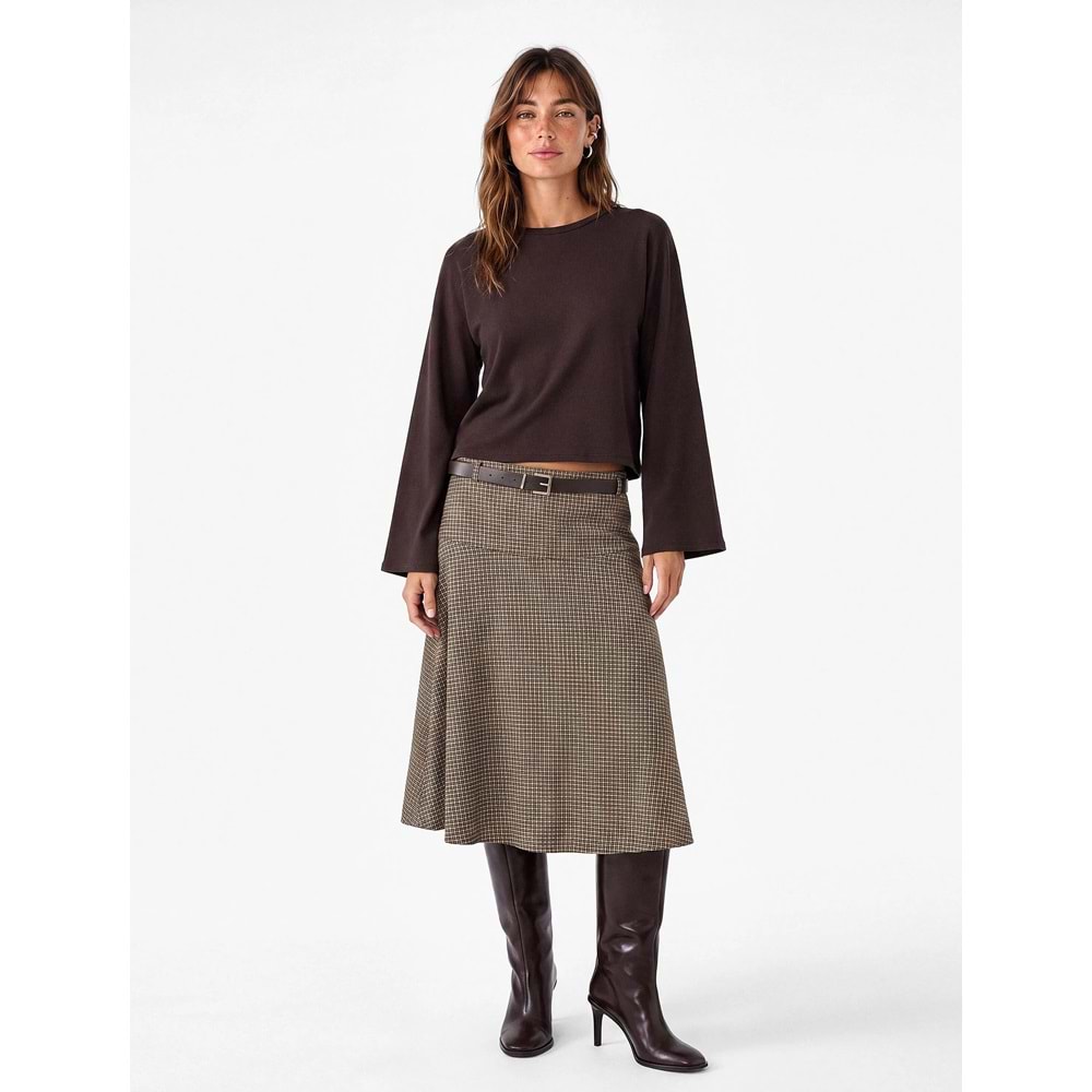 Bisiklet Yaka Oversize Tişört 7WAK50092EK - KOTON - KAHVERENGİ - XS