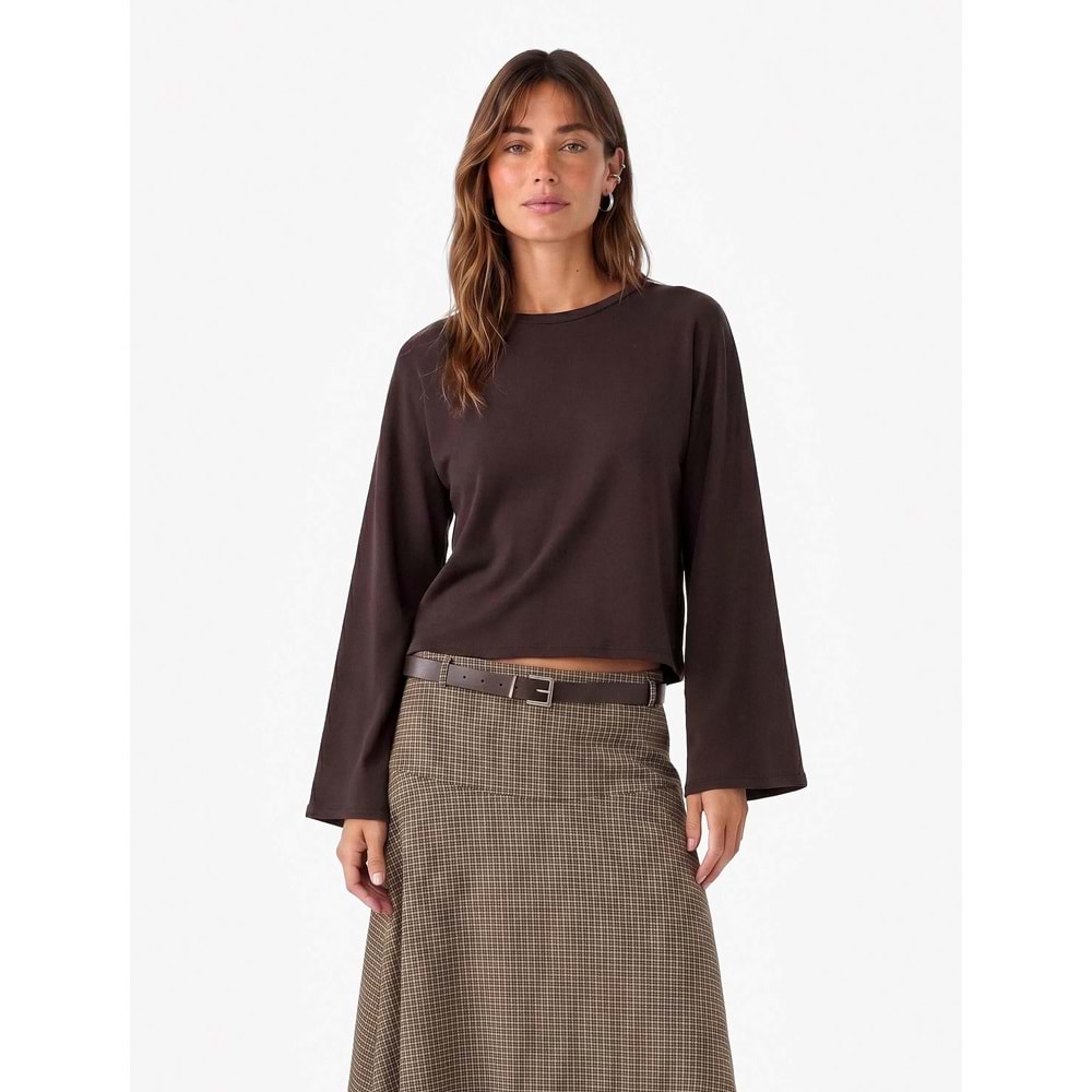 Bisiklet Yaka Oversize Tişört 7WAK50092EK - KOTON - KAHVERENGİ - XS