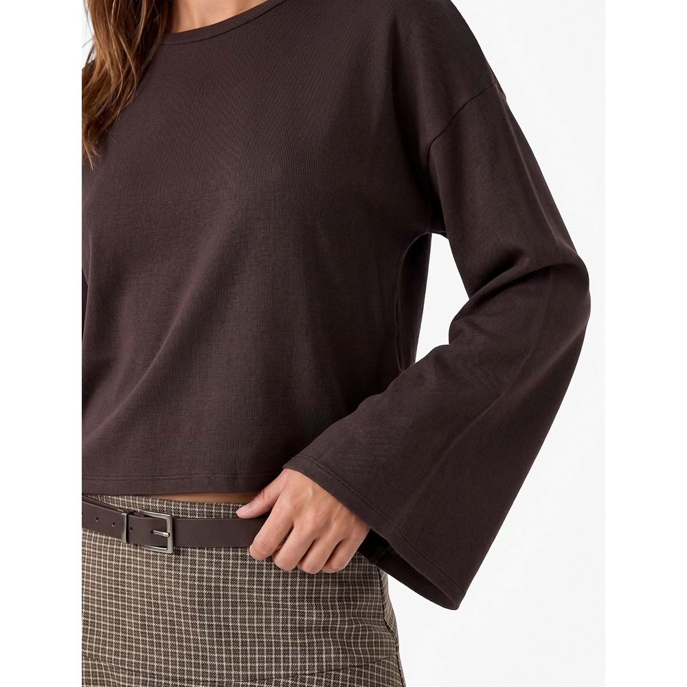 Bisiklet Yaka Oversize Tişört 7WAK50092EK - KOTON - KAHVERENGİ - XS