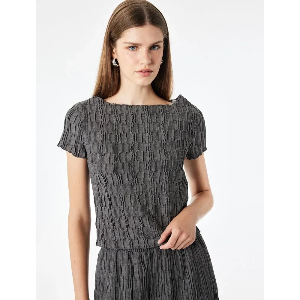 Slim Fit Kayık Yaka Kısa Kollu Tişört 7WAK50094EK - KOTON - ANTRASİT - L