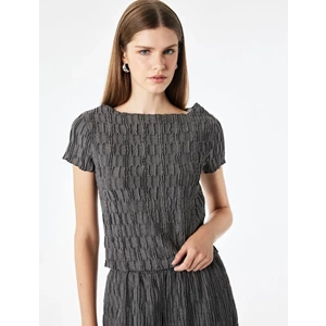 Slim Fit Kayık Yaka Kısa Kollu Tişört 7WAK50094EK - KOTON - ANTRASİT - L