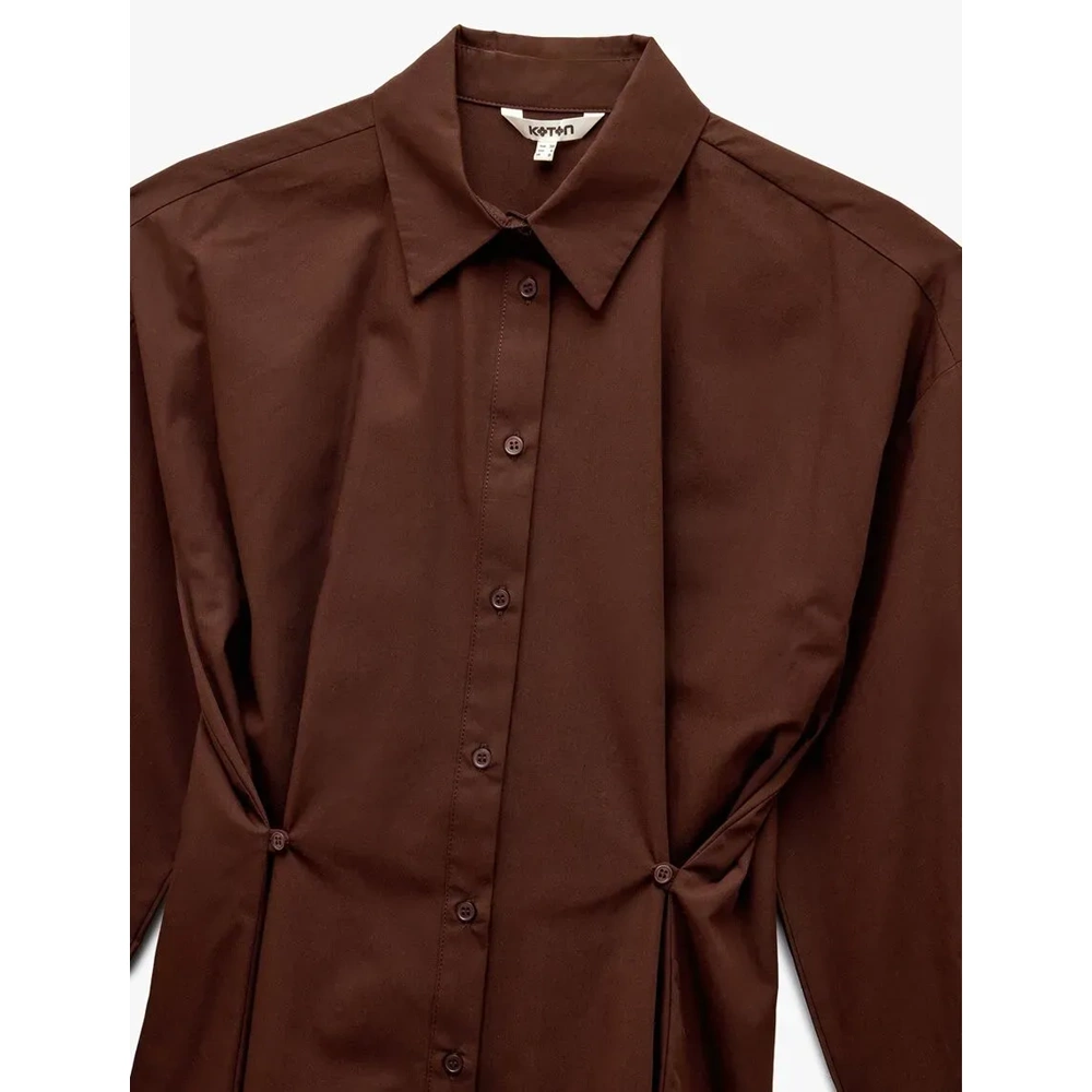 Düğme Detaylı Poplin Oversize Gömlek 7WAK60008PW - KOTON - KAHVERENGİ - 34
