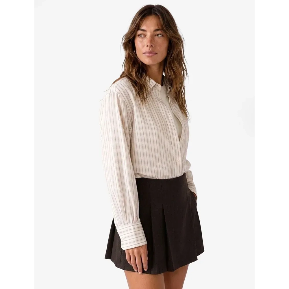 Dökümlü Uzun Balon Kollu Çizgili Poplin Gömlek 7WAK60046PW - KOTON - HARDAL ÇİZGİLİ - 34