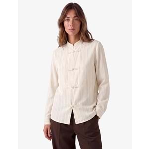 Mandarin Yaka Napolyon Oversize Gömlek 7WAK60096PW - KOTON - BEJ ÇİZGİLİ - 38