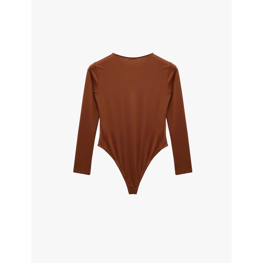 Bisiklet Yaka Uzun Kollu Bodysuit 7WAK80003EK - KOTON - KAHVERENGİ - S