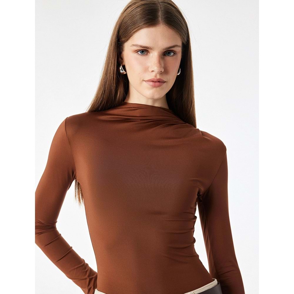 Drape Detaylı Hafif Dik Yaka Bodysuit 7WAK80008EK - KOTON - KAHVERENGİ - S