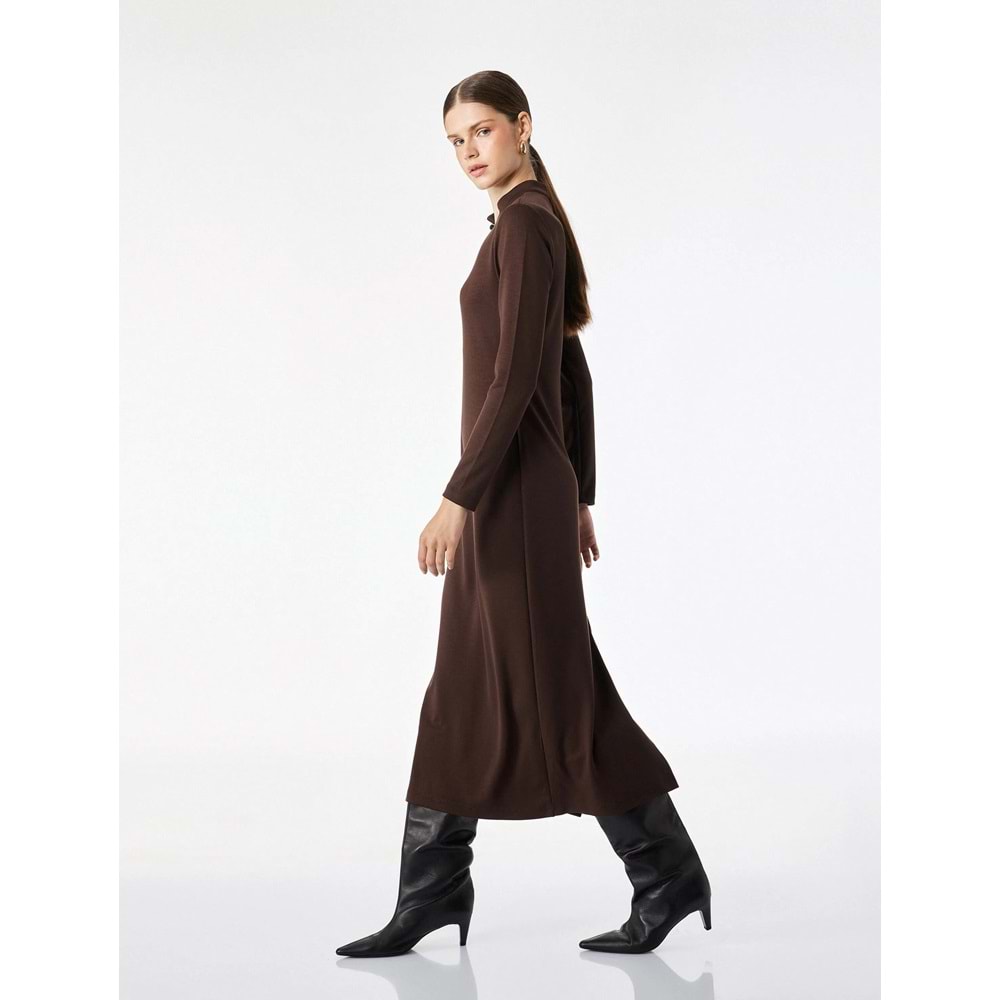 Düğmeli Dik Qipao Yaka Midi Elbise 7WAK80029UK - KOTON - KAHVERENGİ - S