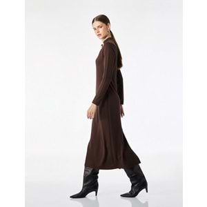 Düğmeli Dik Qipao Yaka Midi Elbise 7WAK80029UK - KOTON - KAHVERENGİ - S