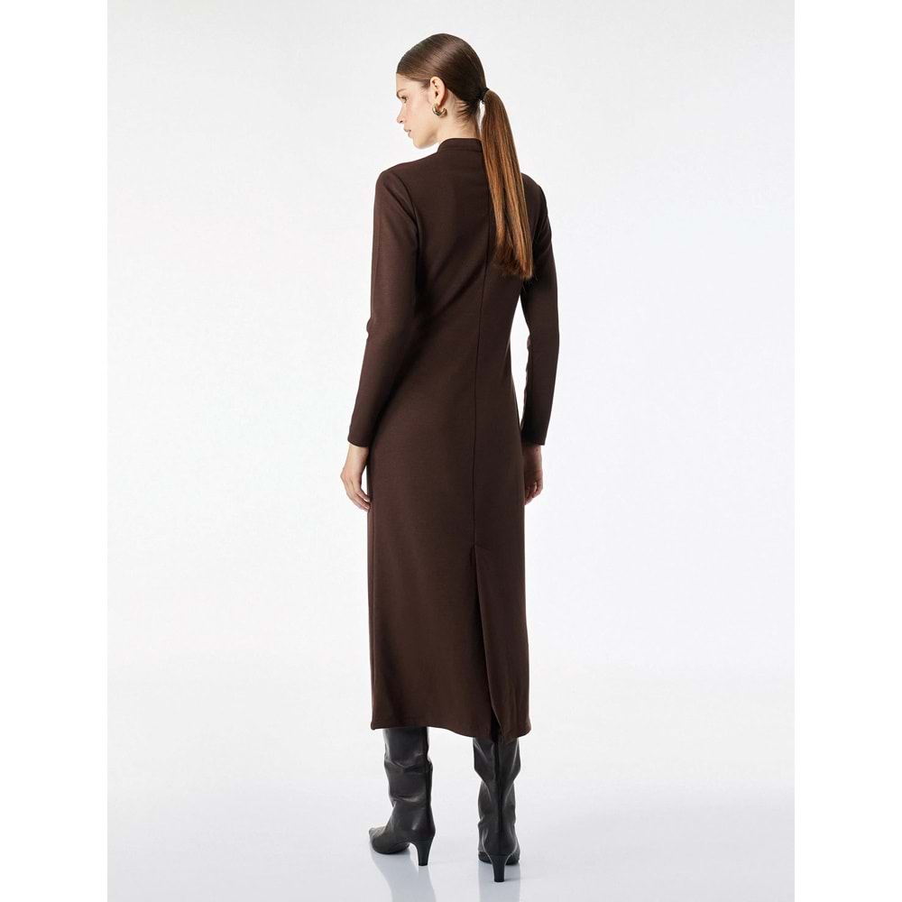 Düğmeli Dik Qipao Yaka Midi Elbise 7WAK80029UK - KOTON - KAHVERENGİ - S