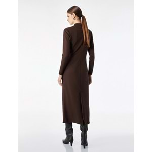 Düğmeli Dik Qipao Yaka Midi Elbise 7WAK80029UK - KOTON - KAHVERENGİ - S