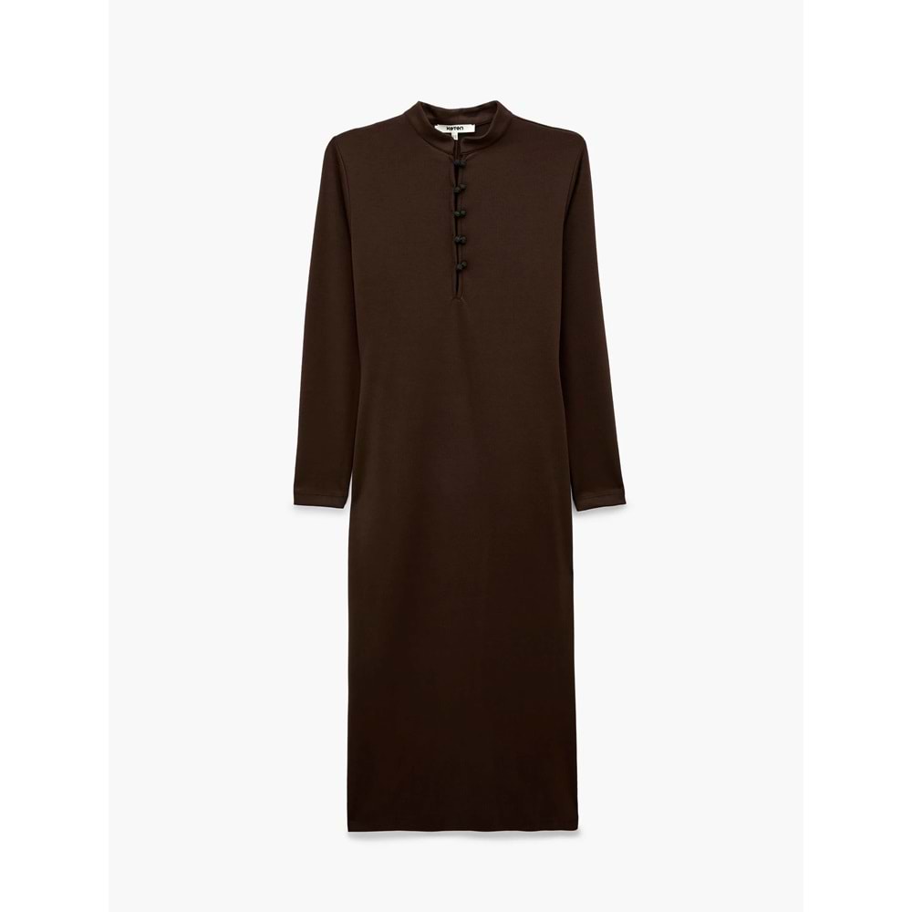 Düğmeli Dik Qipao Yaka Midi Elbise 7WAK80029UK - KOTON - KAHVERENGİ - S