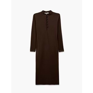 Düğmeli Dik Qipao Yaka Midi Elbise 7WAK80029UK - KOTON - KAHVERENGİ - S