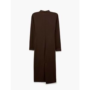 Düğmeli Dik Qipao Yaka Midi Elbise 7WAK80029UK - KOTON - KAHVERENGİ - S