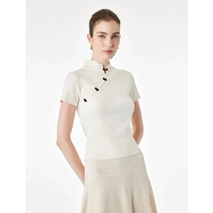 Mandarin Yaka Kısa Kollu Triko Qipao Bluz 7WAK90555HT - KOTON - KREMA - XS