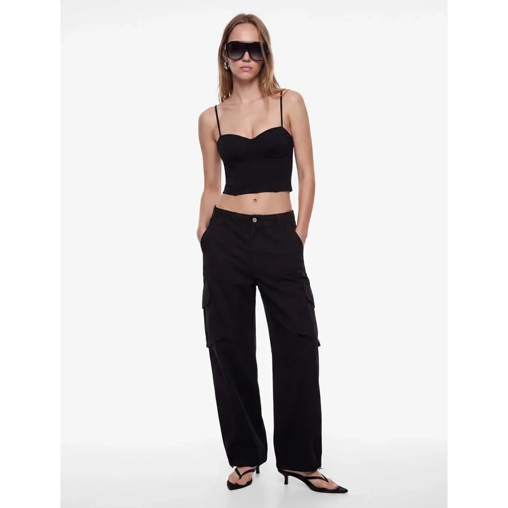 Askılı Korse Crop Bluz 7WAL30047IK - KOTON - SİYAH - M