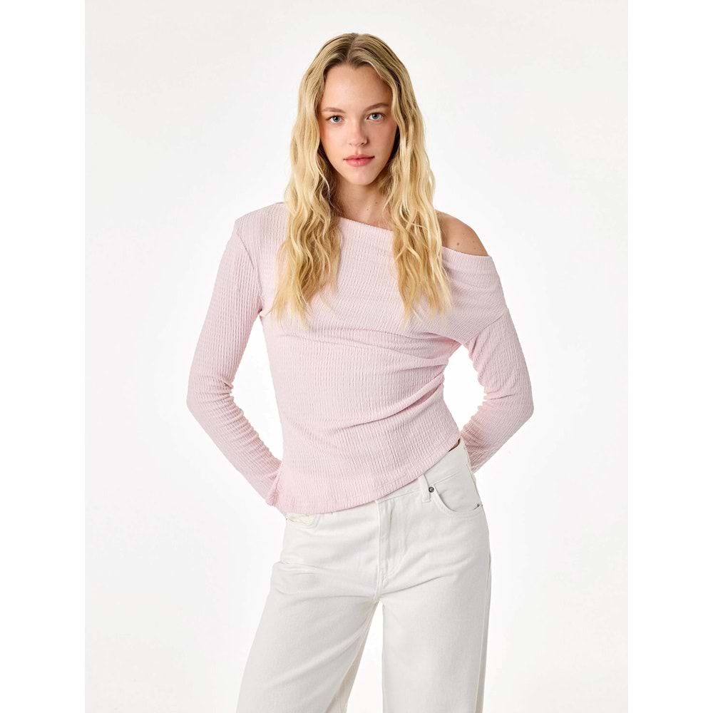 Uzun Kollu Büzgülü Kayık Yaka Bluz 7WAL60013IK - KOTON - PEMBE - XS