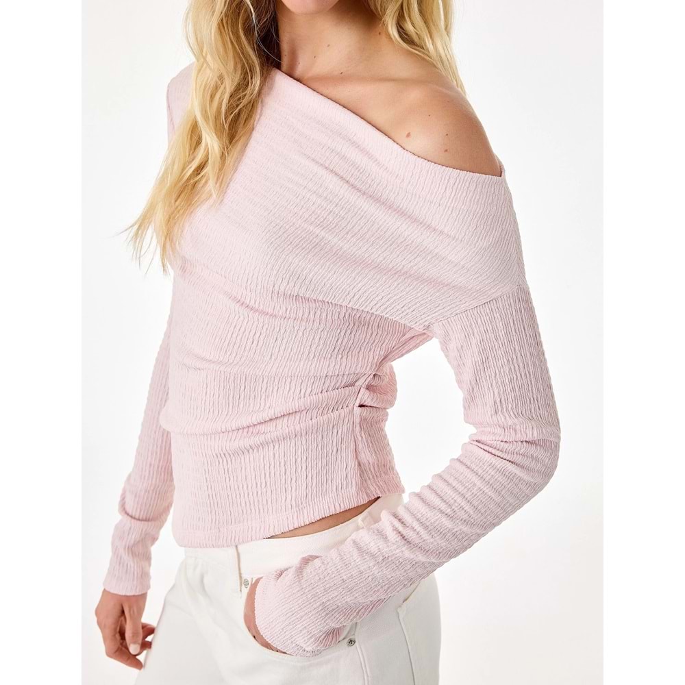 Uzun Kollu Büzgülü Kayık Yaka Bluz 7WAL60013IK - KOTON - PEMBE - XS