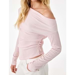 Uzun Kollu Büzgülü Kayık Yaka Bluz 7WAL60013IK - KOTON - PEMBE - XS