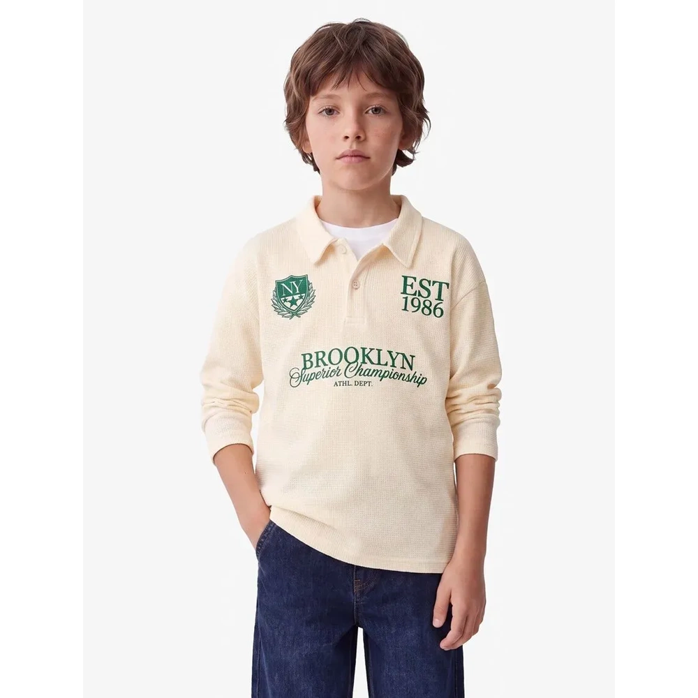 Uzun Kollu Dokulu Polo Yaka Tişört 7WKB10474TK - KOTON - EKRU - 7-8