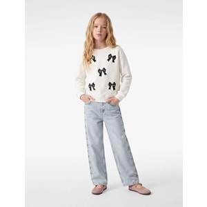 Bisiklet Yaka Fiyonk Detaylı Uzun Kollu Şardonlu Sweatshirt 7WKG10027AK - KOTON - EKRU - 7-8