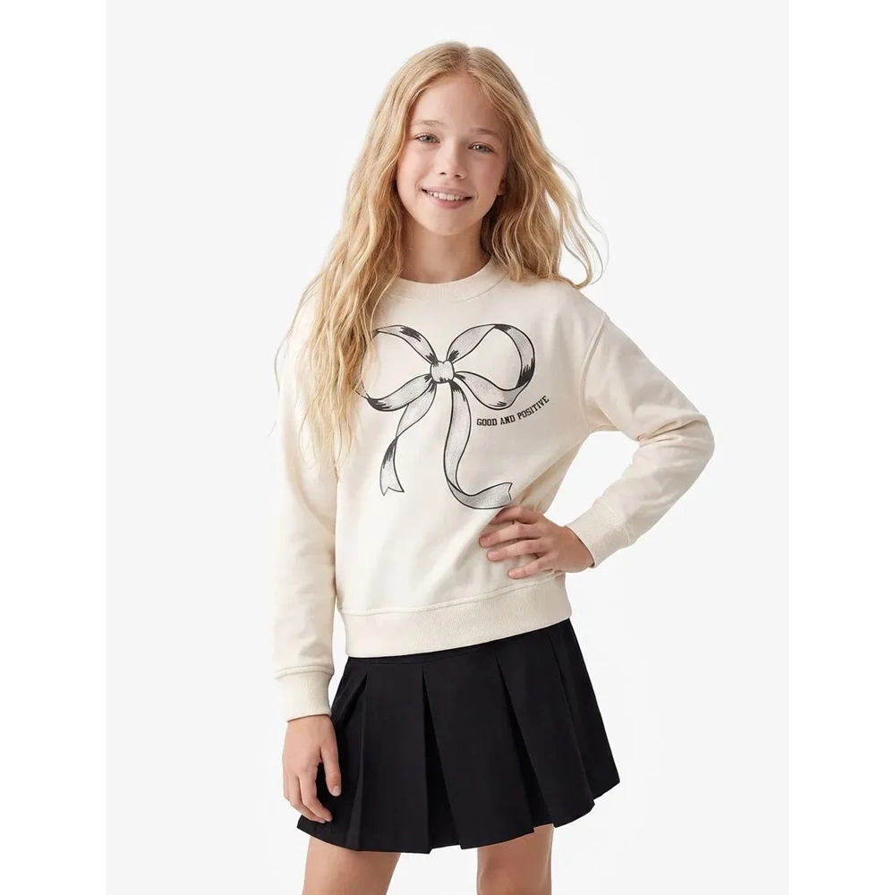 Uzun Kollu Bisiklet Yaka Sweatshirt 7WKG10151AK - KOTON - EKRU - 11-12