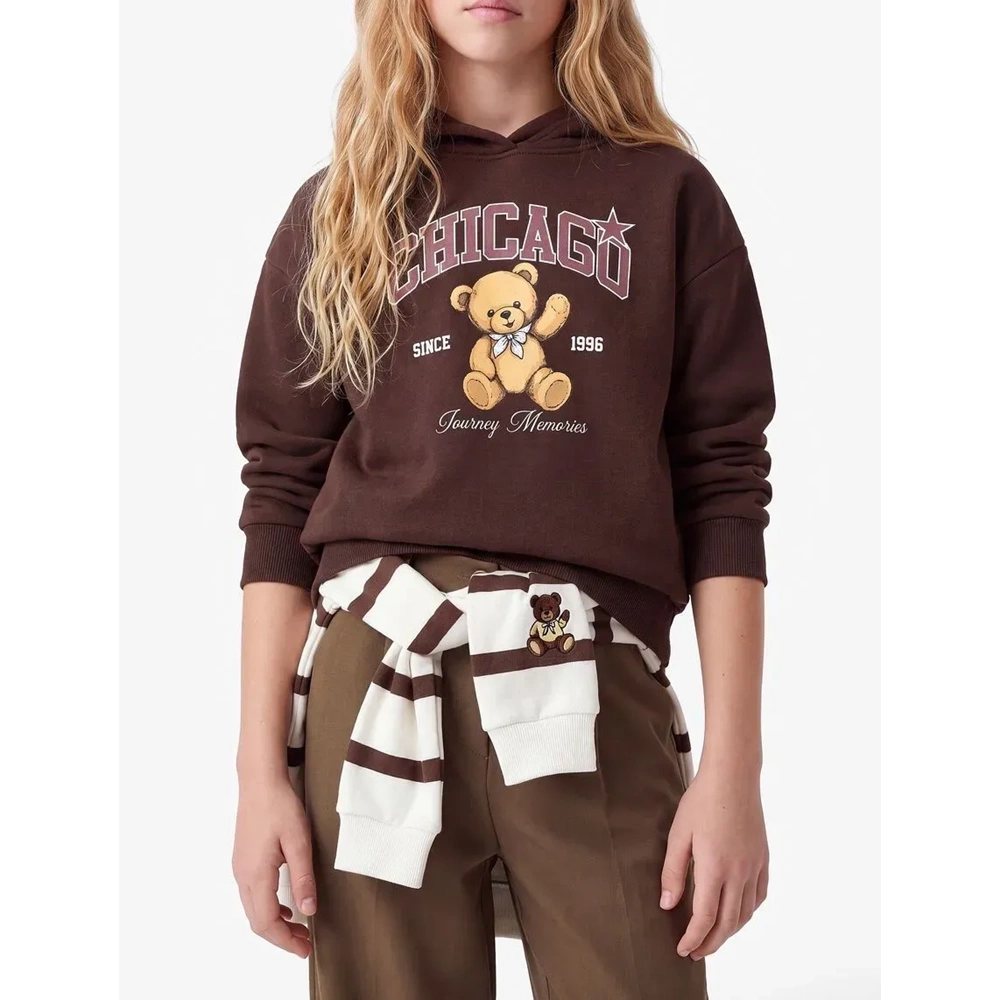 ŞardonluUzun Kollu Kapşonlu Sweatshirt 7WKG10369AK - KOTON - KAHVERENGİ - 11-12