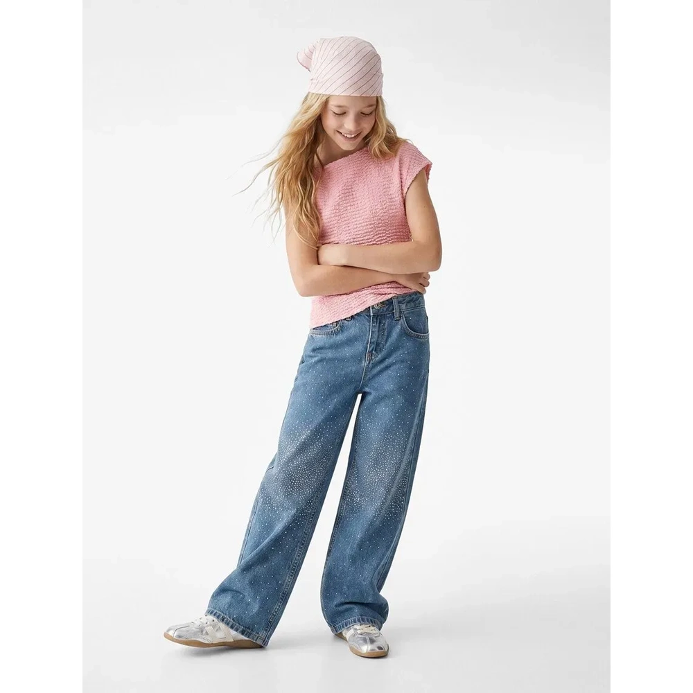 Taşlı Pamuklu Geniş Paça Denim Pantolon 7WKG40011AD - KOTON - ORTA İNDİGO - 13-14
