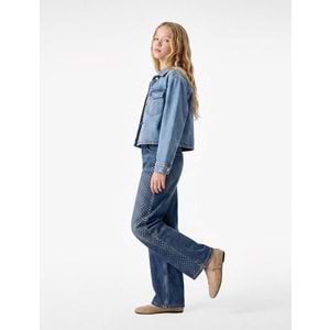 Taşlı Geniş Paça Denim Pantolon 7WKG40055AD - KOTON - ORTA İNDİGO - 6-7